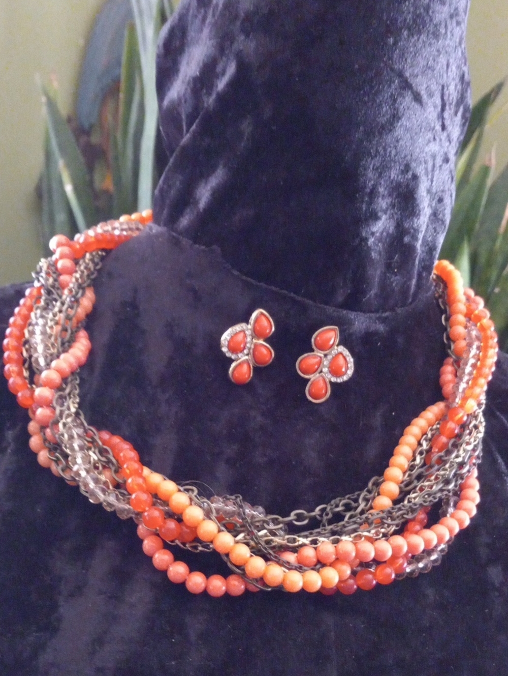 LOFT Multi-Strand Orange Bead Necklace with Matching Coral Teardrop Earrings